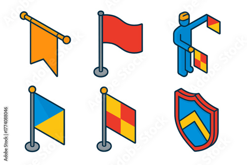 Colorful Flag Icons. Isometric vector illustration set Vexillology: Banner, Flag Design, Pole, Semaphore, Signal Flag, Crest. No