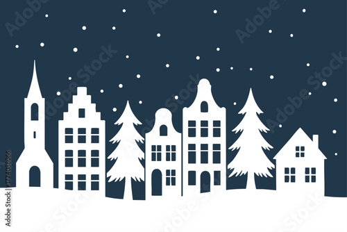 Christmas Winter Village Silhouette Border with Traditional Dutch Houses 
