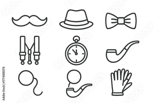 Classic Barber Icons. Line style icons of Classic barbering: mustache silhouette, hat, bow tie, pocket watch, suspenders, pipe,