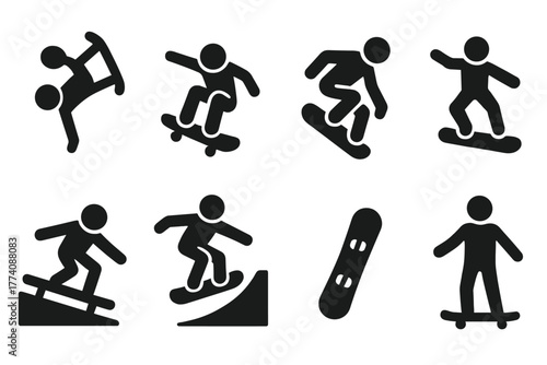 Skating Trick Icons. Solid style icons of Boarding Tricks: Flip, Spin, Grab, Jump, Slide, Ramp, Board, Silhouette, No text, No