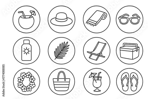 Tropical Beach Icons. Line style icons of tropical beach items in round shape: coconut drink, straw hat, beach towel, sunglasses;