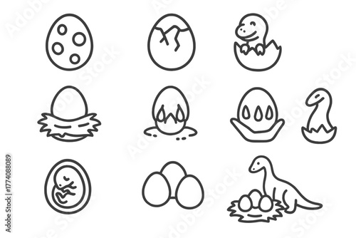 Dinosaur Egg Icons. Line style icons of dinosaur eggs in round shape: spotted egg, cracked egg, baby dinosaur emerging, egg nest;