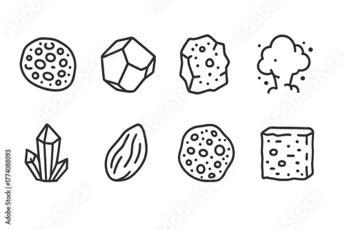 Volcanic Material Icons. Line style icons of Volcanic materials: pumice stone, obsidian, basalt, ash, sulfur crystal, lava bomb,
