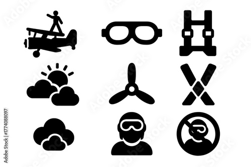 Wingwalking Gear Icons. Solid style icons of Wingwalking: Biplane, Goggles, Harness, Sky, Propeller, Clouds, Straps, Pilot, No