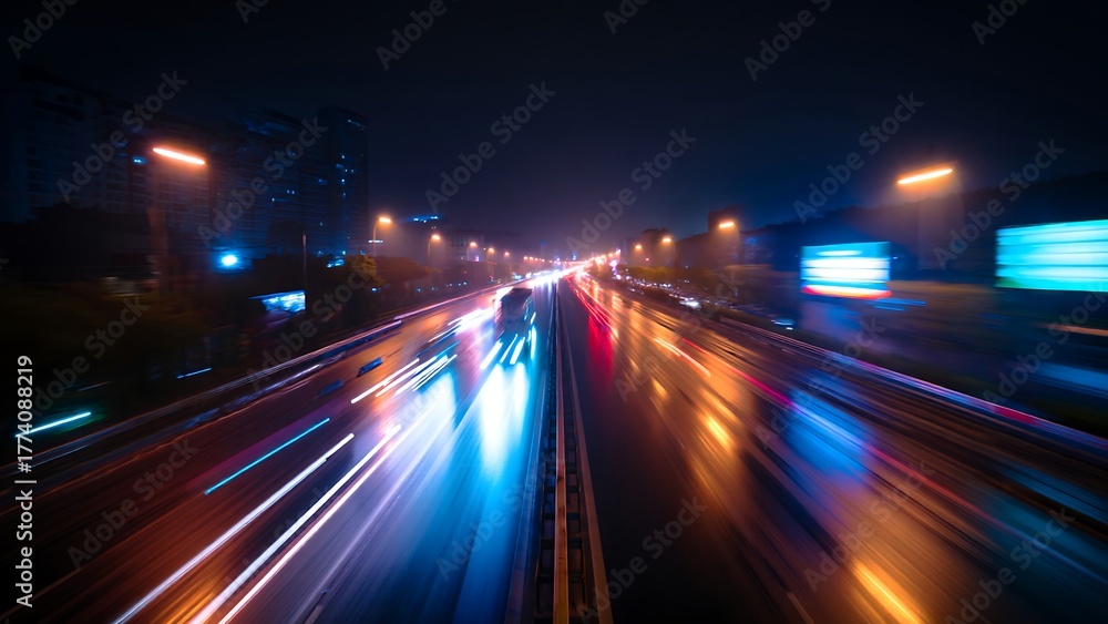 Fototapeta premium City highway at night with colorful light trails and blurry motion
