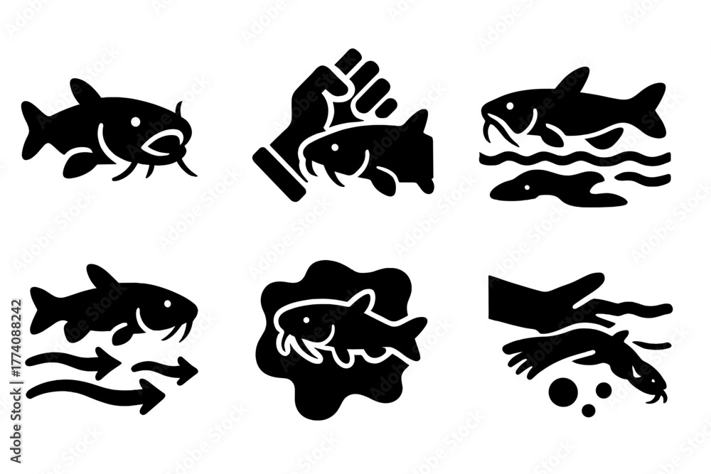 Naklejka premium Catfish Affair Icons. Solid style icons of Catfish Catching: Wide Mouth Fish, Strong Grip, Fisherman’s Glove, Shallow Water, River