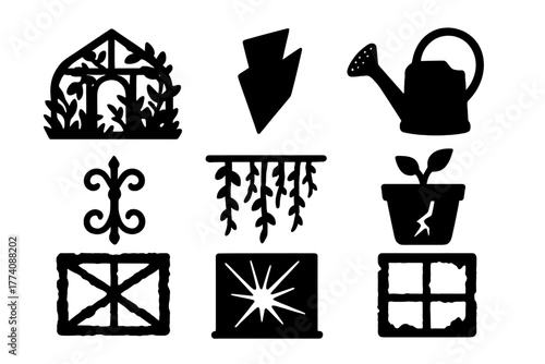 Forgotten Greenhouse Icons. Solid style icons of Forgotten Greenhouse: Overgrown Plants, Broken Glass, Watering Can, Wrought Iron,