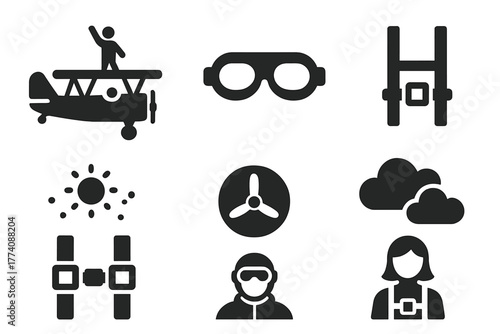 Wingwalking Gear Icons. Solid style icons of Wingwalking: Biplane, Goggles, Harness, Sky, Propeller, Clouds, Straps, Pilot, No
