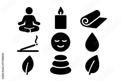 Solid Relaxation Icons. Solid style icons of Relaxation Practice: Lotus Pose, Candle, Mat, Incense, Calm Face, Water Drop, Leaf,