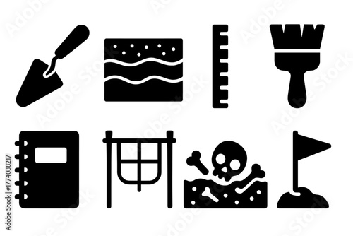 Archaeological Dig Tools. Solid style icons of Archaeological Excavation: Digging Trowel, Soil Layers, Measuring Scale, Artifact