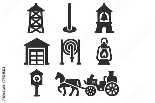 Classic Fire Station Icons. Solid style icons of Classic Fire Station: Watchtower, Fire Pole, Bell Tower, Garage Door, Hose Rack,