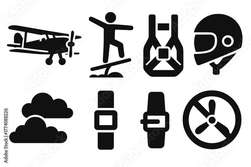 Aerobatic Adventure Icons. Solid style icons of Aerobatic Adventure: Biplane, Wingwalker, Harness, Helmet, Sky, Clouds, Strap,