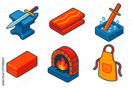 Swordmaking Essentials Icons. Isometric vector illustration set Swordmaking: Anvil, Folded Steel, Quenching, Forge, Steel Billet,