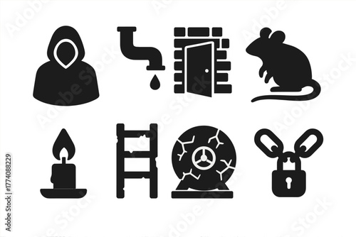 Underground Mystery Icons. Solid style icons of Underground Mystery: shadow figure, dripping pipe, hidden door, rat silhouette,