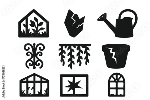 Forgotten Greenhouse Icons. Solid style icons of Forgotten Greenhouse: Overgrown Plants, Broken Glass, Watering Can, Wrought Iron,