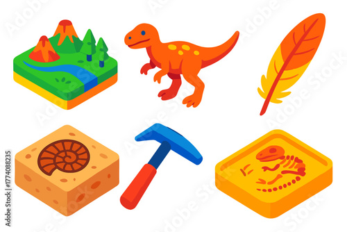 Isometric Paleoart Icons. Isometric vector illustration set Paleoart: Ancient Landscape, Dinosaur Reconstruction, Feather, Fossil