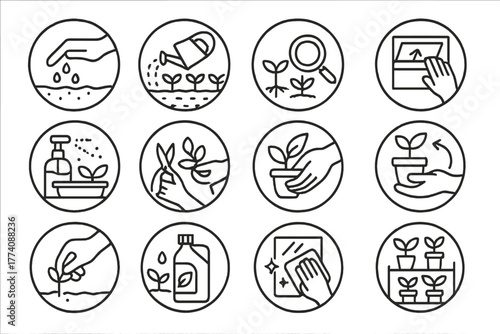 Greenhouse Task Icons. Line style icons of greenhouse tasks in round shape: planting seeds, watering rows, checking growth,