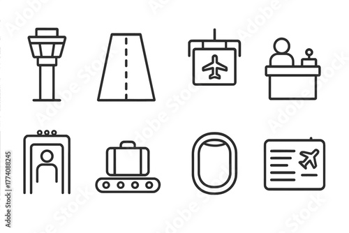 Airport Line Icons. Line style icons of Airport: Control Tower, Runway, Gate Sign, Check-in Counter, Security Scanner, Baggage