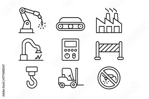 Industrial Welding Icons. Line style icons of Industrial welding: robotic welder arm, conveyor belt, factory hall, smoke extractor