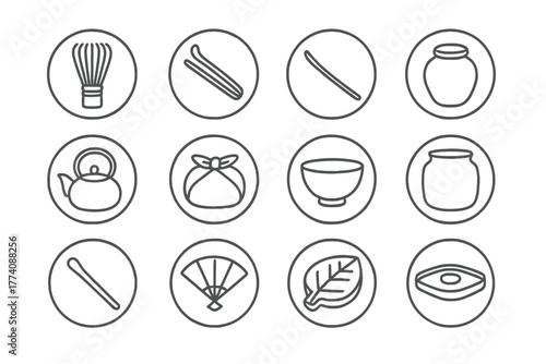 Tea Ceremony Tools. Line style round vector icons of Tea Ceremony Tools: Tea Whisk, Bamboo Tongs, Powder Scoop, Storage Jar;