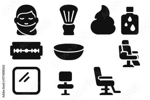 Shaving Ritual Icons. Solid style icons of Shaving Ritual: Hot Towel, Lather Brush, Foam, Razor Blade, Bowl, Splash Bottle, Mirror