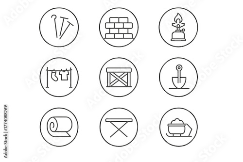 Polar Camp Essentials. Line style round vector icons of Polar Camp Setup: Tent Pegs, Ice Block Wall, Cooking Stove, Drying Line;