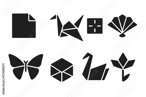Origami Icon Collection. Solid style icons of origami folding: paper sheet, folded crane, step folds, fan, butterfly, folded box,