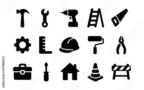 Black silhouette icons of construction tools and safety equipment