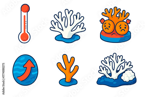 Coral Bleaching Icons. Isometric vector illustration set Coral Bleaching: Thermometer, White Coral, Stressed Polyps, Warming