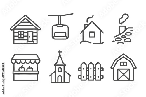 Alpine Village Icons. Line style icons of Alpine Village: Wooden Cabin, Ski Lift, Chimney Smoke, Stone Path, Market Stall, Church