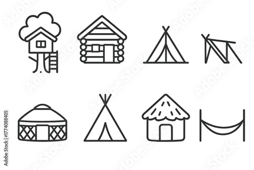 Forest Shelter Icons. Line style icons of Forest shelters: treehouse, log cabin, tent, lean-to, yurt, teepee, hut, hammock, No
