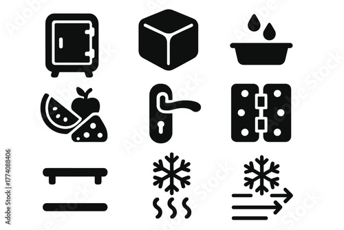 Vintage Icebox Icons. Solid style icons of Vintage Icebox: Block of Ice, Drip Tray, Insulated Cabinet, Food, Handle, Hinges, Shelf