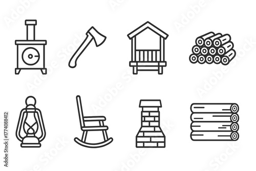 Cabin Essentials Icons. Line style icons of Cabin essentials: wood stove, axe, porch, wood pile, lantern, rocking chair, chimney,