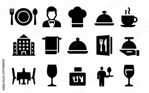 Black silhouette icons of restaurant and dining elements in simple style