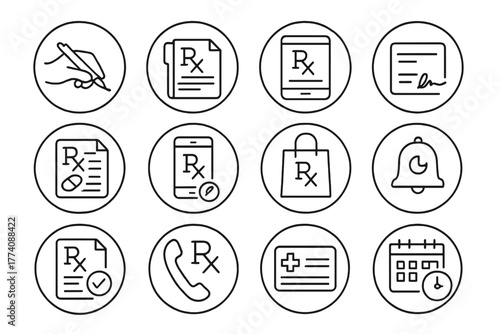 Prescription Process Icons. Line style round vector icons of Prescription Process: Doctor’s Handwriting, Patient File, Digital