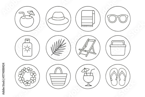 Tropical Beach Icons. Line style icons of tropical beach items in round shape: coconut drink, straw hat, beach towel, sunglasses;
