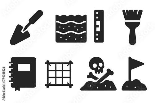 Archaeological Dig Tools. Solid style icons of Archaeological Excavation: Digging Trowel, Soil Layers, Measuring Scale, Artifact