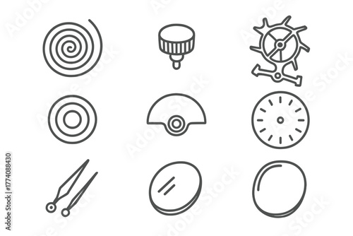 Horology Parts Icons. Line style icons of Horology parts: mainspring, crown, escapement, jewel bearing, rotor, dial, hands,
