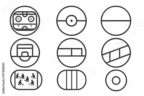 Hockey Rink Icons. Line style icons of hockey rink in round shape: full rink layout, center face-off, blue line, red line; goal