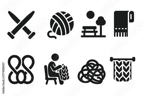 Extreme Knitting Icons. Solid style icons of Extreme Knitting: Oversized Needles, Thick Yarn, Public Place, Scarf, Giant Loops,