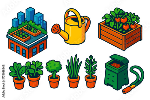 Rooftop Garden Icons. Isometric vector illustration set Rooftop Garden: City View, Watering Can, Planter Box, Herbs, Compost Bin,