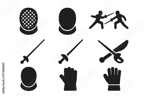 Vintage Fencing Icon. Solid style icons of Vintage Fencing Mask: Mesh, Bib, Duel, Sport, Foil, Épée, Sabre, Glove, No text, No