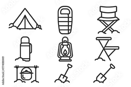 Snowy Camping Icons. Line style icons of Camping in Snow: Tent, Sleeping Bag, Campfire, Thermos, Lantern, Folding Chair, Cooking