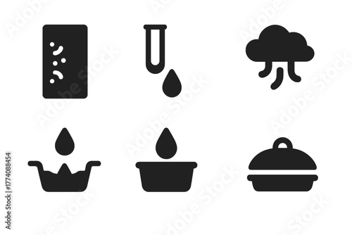 Condensation Icon Set. Solid style icons of Condensation Gathering: Cold Surface, Glass Tube, Droplet Flow, Metal Tray, Air