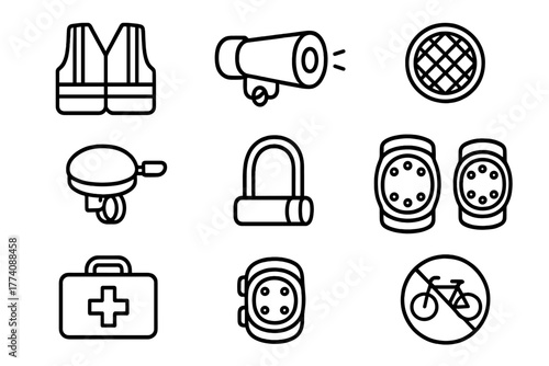 Cycling Safety Icons. Line style icons of Cycling safety: reflective vest, bike light, rear reflector, bell, lock, knee pads,