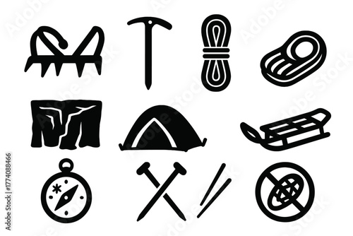 Glacier Exploration Icons. Solid style icons of Glacier Exploration: Crampons, Ice Axe, Rope, Frozen Crevasse, Expedition Tent,