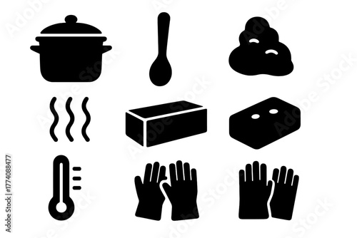 Hot Process Soap Icons. Solid style icons of Hot Process Soap: Crock Pot, Stirring Spoon, Raw Soap, Heat Waves, Wooden Mold,
