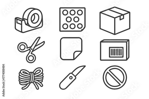 Packaging Icons Collection. Line style icons of Packages: Tape Dispenser, Bubble Wrap, Carton Box, Scissors, Sticker Label,