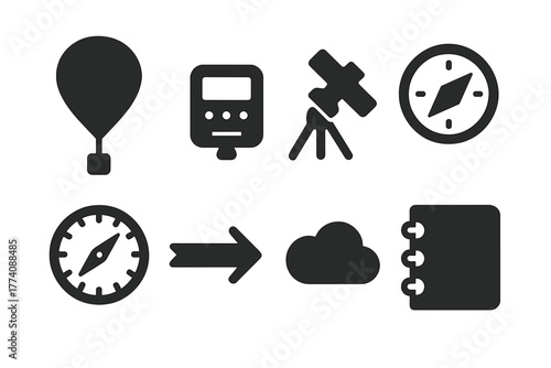 Scientific Ballooning Icons. Solid style icons of Scientific Ballooning: Balloon, Instrument Package, Theodolite, Compass,