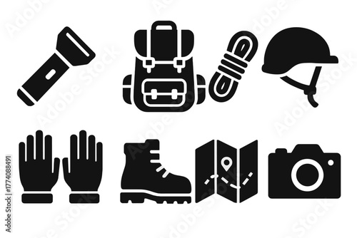 Exploration Gear Icons. Solid style icons of Exploration Gear: Flashlight, Backpack, Rope, Helmet, Gloves, Boots, Map, Camera, No